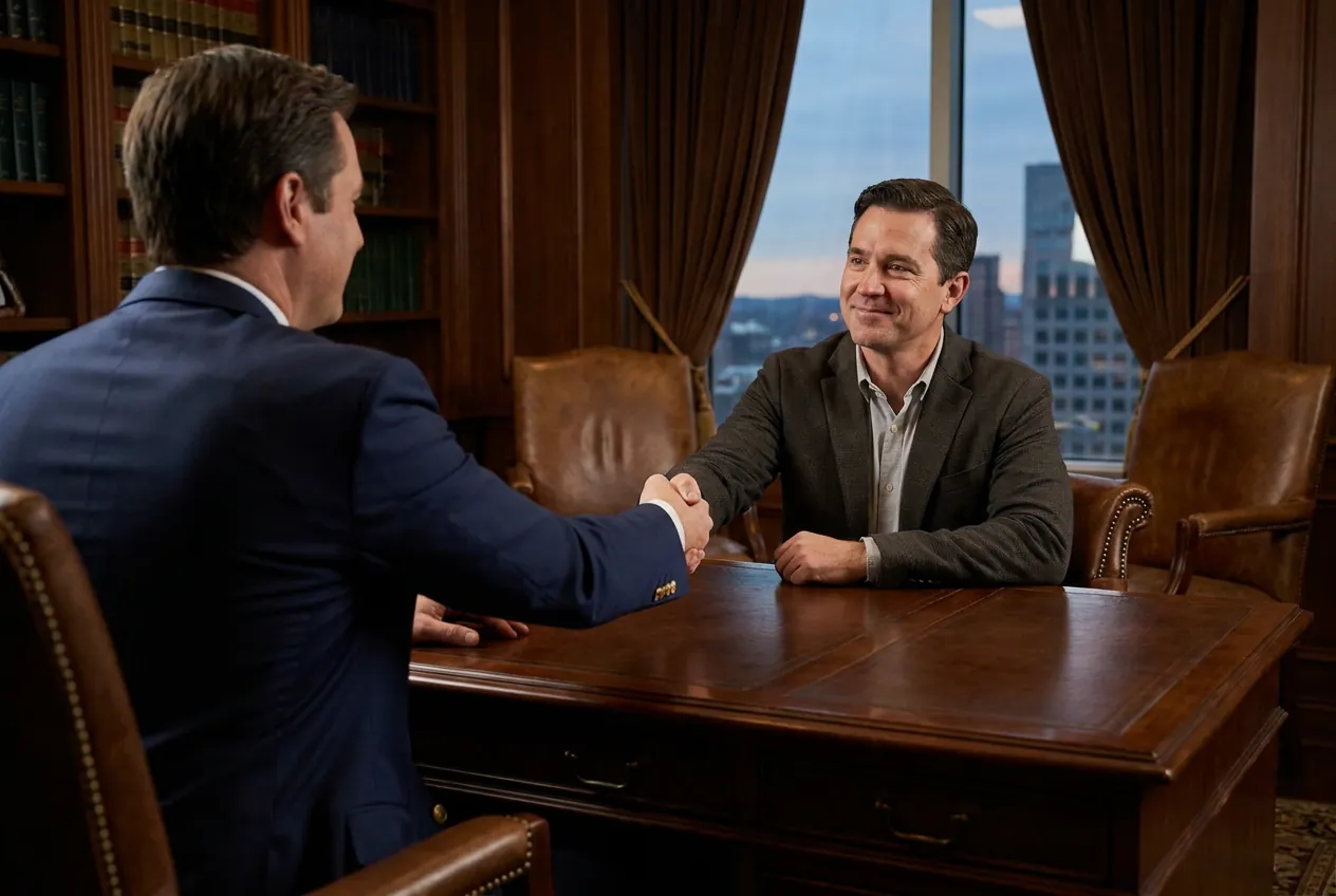 A lawyer welcoming a client